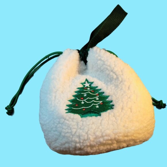 Sherpa Drawstring Tote Bag Christmas Tree Embroidered Fleece Sack Lined - Picture 2 of 8